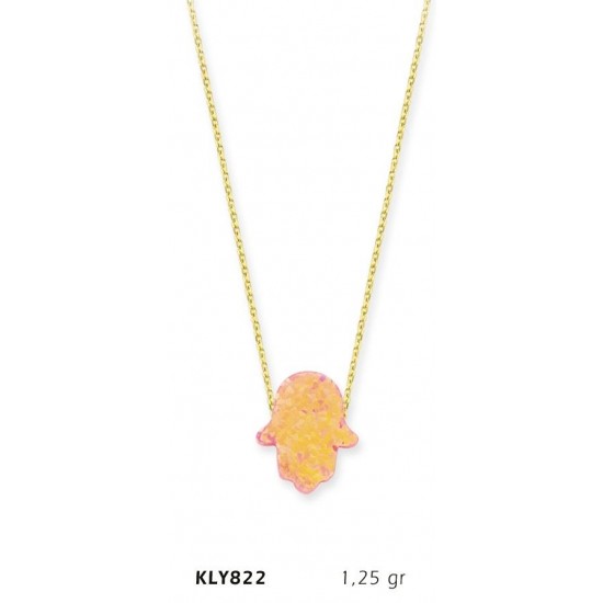 14 Ayar Altın Rose Opal Taşlı Fatma Eli Kolye KLY822
