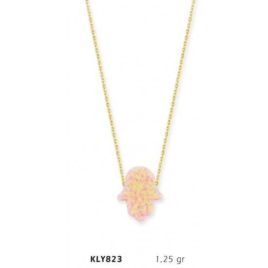 14 Ayar Altın Pembe Opal Taşlı Fatma Eli Kolye KLY823