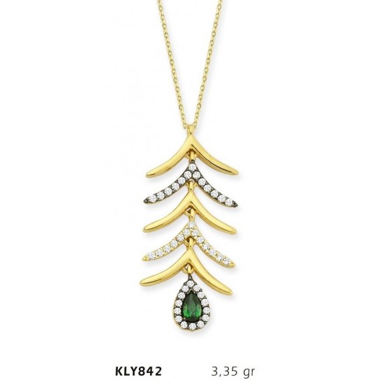 14 Ayar Altın Yeşil Damla Taşlı Kolye KLY842