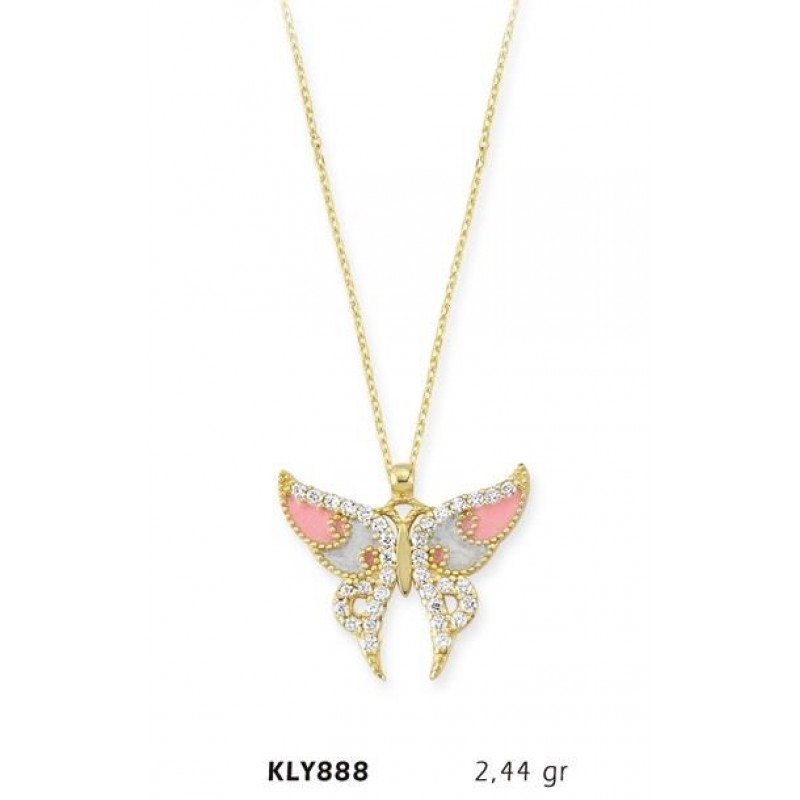 14 Ayar Altın Pembe Kelebek Kolye KLY888