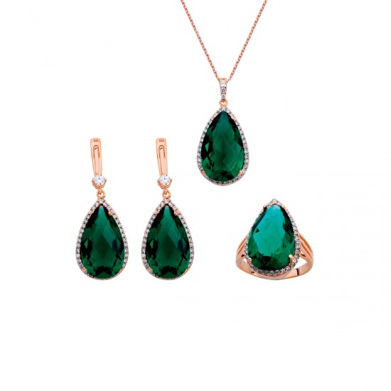 Anturaj Damla Zümrüt Rengi Taşlı Gümüş Set GMS132 Anturaj Damla Zümrüt Rengi Taşlı Gümüş Set GMS132