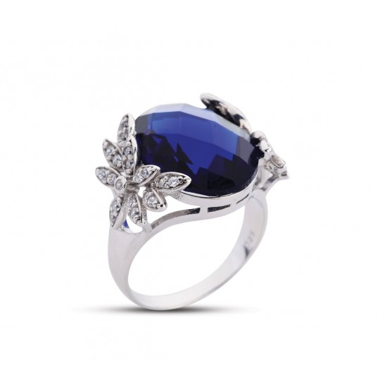 Çiçek Bahçesi Mavi Taşlı Beyaz Yüzük GMS179