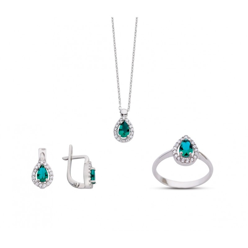 Damla Zümrüt Rengi Anturaj Beyaz Gümüş Set GMS136