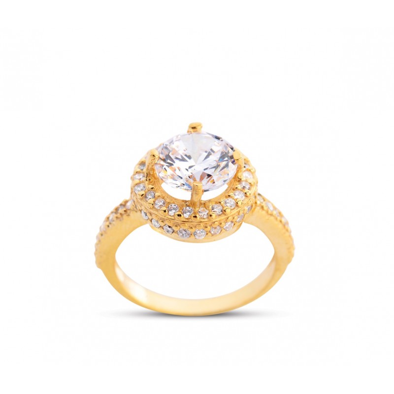 Dört Tırnak Tektaş Anturaj Altın Rengi Gümüş Yüzük GMS180