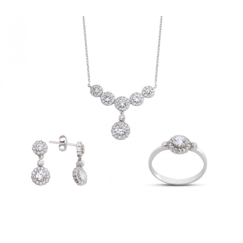 Sallantılı Anturaj Çiçek Beyaz Gümüş Set  GMS156